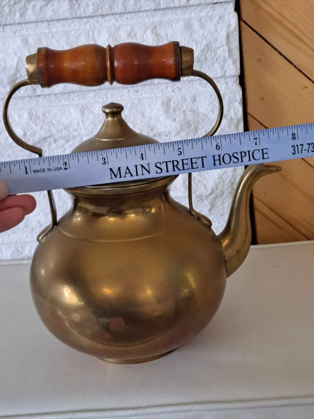 Vintage Brass Teapot With Wooden Handle And Hinged Lid  Collectible Home Decor